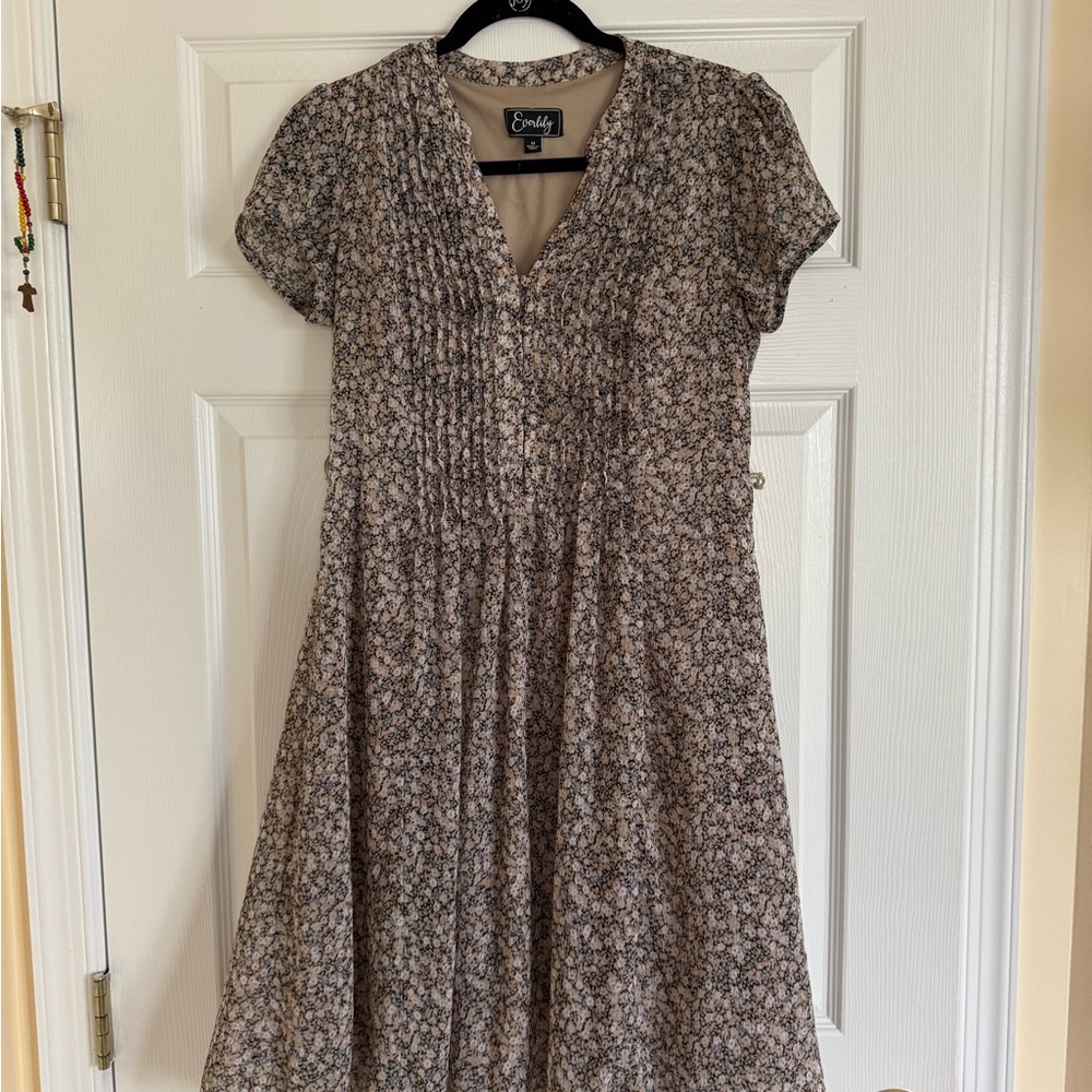 OPEN TO OFFERS!!! Beige Floral Pintuck V-Neck Midi Dress
